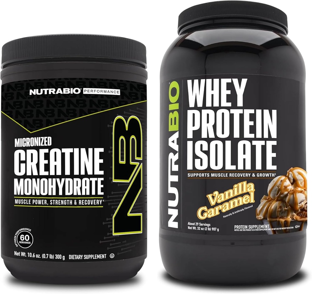 NutraBio Creatine Monohydraat, Unflavored, 300g en Wei Proteïne Isolaat, Vanille Caramel, Supplement Bundle - Spierenergie, Lean Spiergroei, Herstel, en sterkte