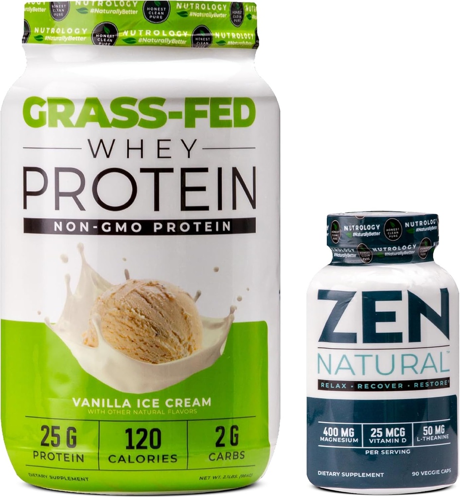 Nutrologie Gras Fed Wei Proteïne Poeder - Vanille Ice Cream Smaak (28 Servings) Zen Natural Magnesium Supplement (30 Servings)