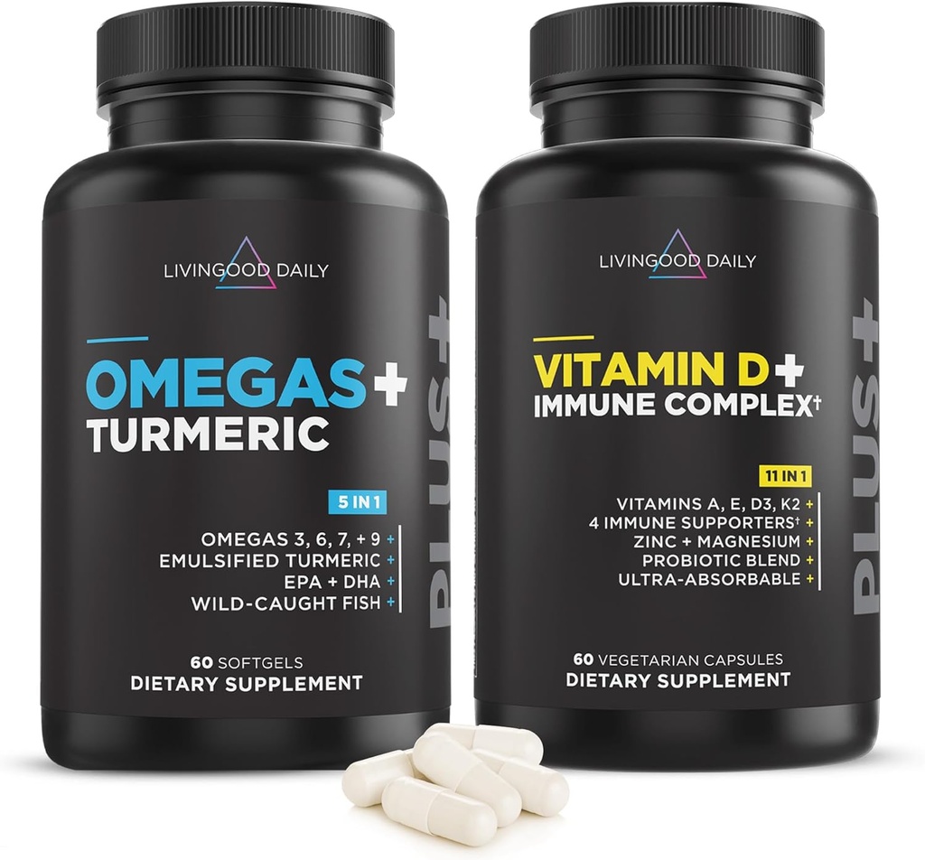 Livingood Daily Essentials Bundle - Krachtig supplement van Omega 3-6-7-9 Plus Kurkuma met vitamine D3 K2, Magnesium, Probiotic Blend en meer