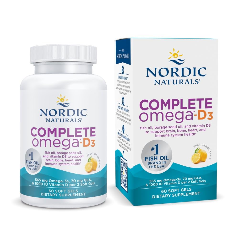 Nordic Naturals Complete Omega-D3, Citroensmaak - 60 Zachte Gels - 565 mg Omega-3 + 70 mg GLA + 1000 IE Vitamine D3 - EPA & DHA - Gezonde huid, cognitie, & Positive Mood - Non-GMO - 30 porties