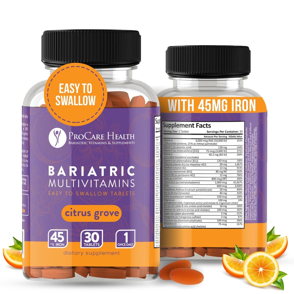 Procare Health Bariatrische Multivitamine met ijzer 45mg Gemakkelijk door te slikken 30 tabletten - Post Op Bariatrische Vitaminen voor Gastrische Bypass Pillen*, Sustains Recovery & Energy for Sleeve Patients* (1 maand supply)