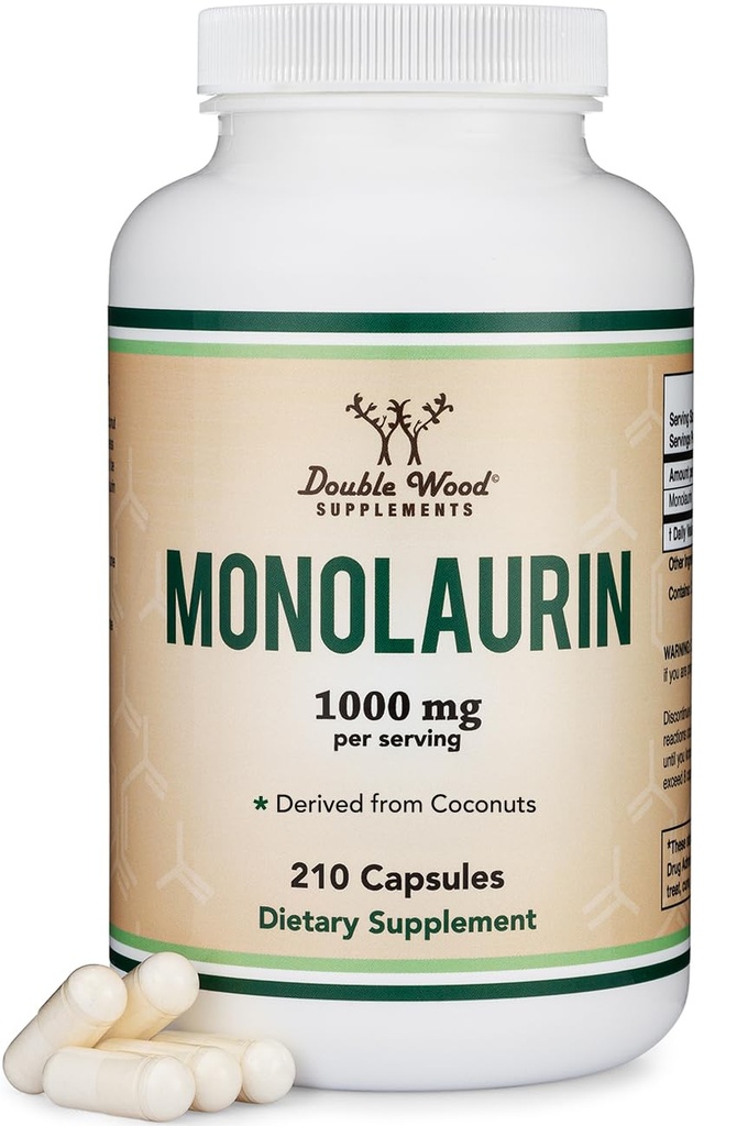 Monolaurin Immune Support Supplement 1000mg per portie, 210 Capsules (Vegan Safe, Non-GMO, Glutenvrij) Immune Booster voor volwassenen, Immune System Defense by Double Wood