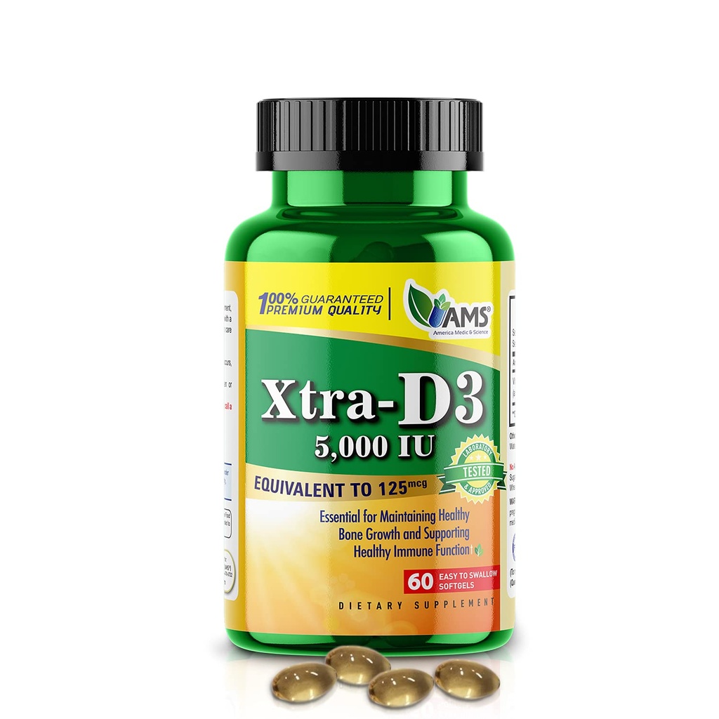 America Medic & Science Xtra D3 Vitamin D 5,000 IU (125 mcg) Cholecalciferol Supplement for Men & Women (60 Easy to Swallow Softgels) Best for Bone, Heart Health, Immune System Support, Lung Function