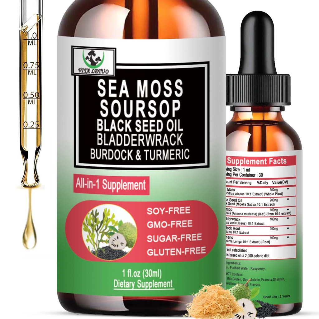 Sea Moss Black Seed Oil Soursop Liquid Drops with Bladderwrack Burdock Root Turmeric - Multiminerale & vitamines Superfood Drops Biologische Non-GMO voor Immune & Digestief & Cell Support Huidhaar