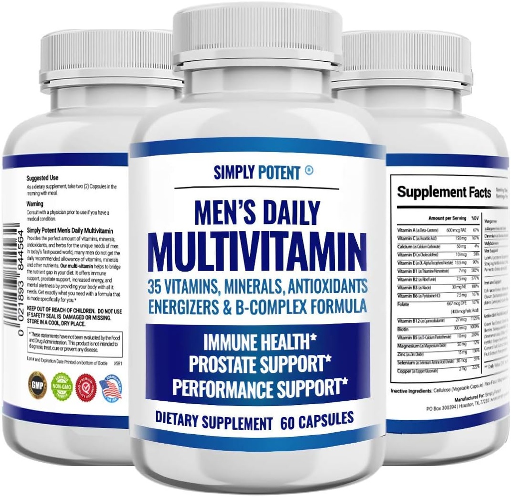 Simply Potent Daily Multivitamine for Men, 35 Vitamines with Minerals & Antioxidant, Vitamins A C D E, Biotin B12 Folaat Zink Magnesium & Saw Palmetto for Energy, Focus, Immune & Prostate Health, 60