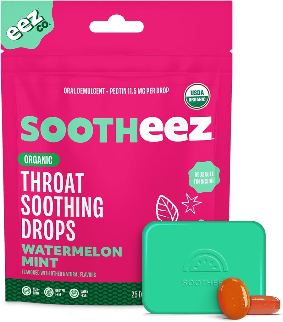 Sootheez biologische Throat kalmerende druppels voor volwassenen, watermeloenmunt, 25 graaf, navulbare, grote proeverij druppels die Sooth Sore Throats