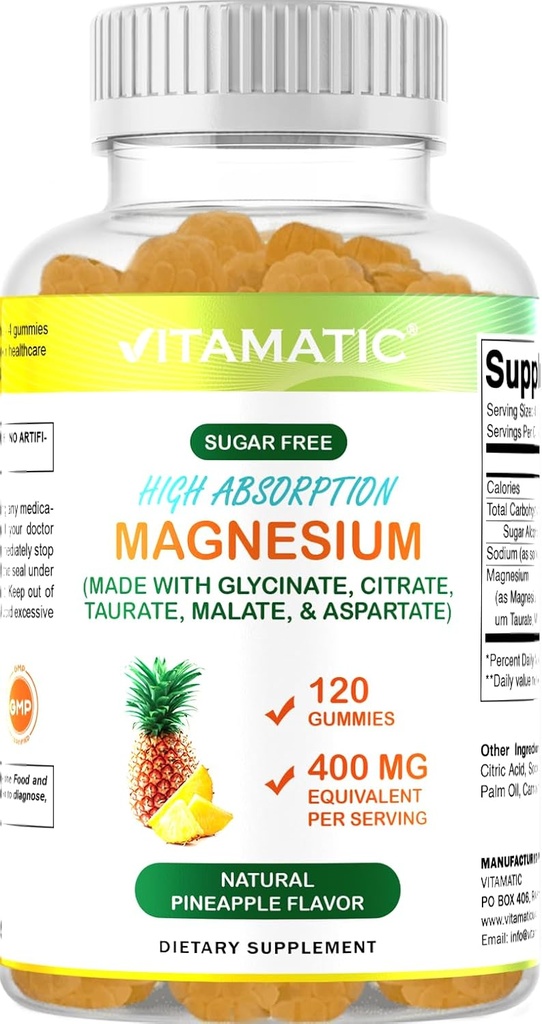 Vitamatic Sugar Free Magnesium Gummies - (Made with pyrazolinate, citraat, TAURATE, Malate, & ASPARTATE) - 400 mg per portie - 120 Gummies - Promoot gezonde ontspanning, spier, bot, & energie ondersteuning
