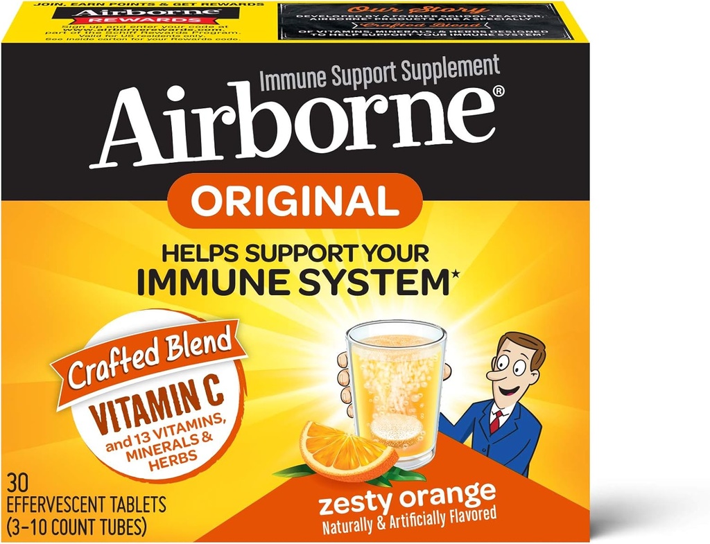 Airborne Zesty Oranje Bruistabletten,1000mg vitamine C - Immuun Ondersteuning Supplement 30ea