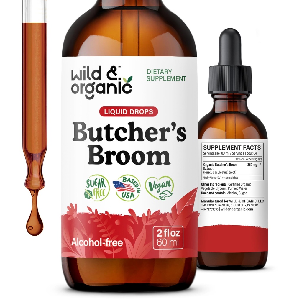 Wild & Organic Butchers Broom Root Drops - Liquid Supplement for Leg Support - Alcohol Free Butcher's Broom Tinctuur - Russus Aculeatus Herb - Vegan, Non-GMO, No Sugar - 2 fl oz