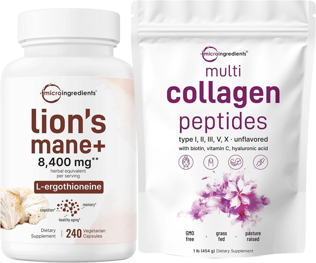 Micro Ingrediënten Multi Collageen Proteïne Poeder 16oz & Lions Mane Supplement 240 Veggie Capsules Bundle 2 Pack 