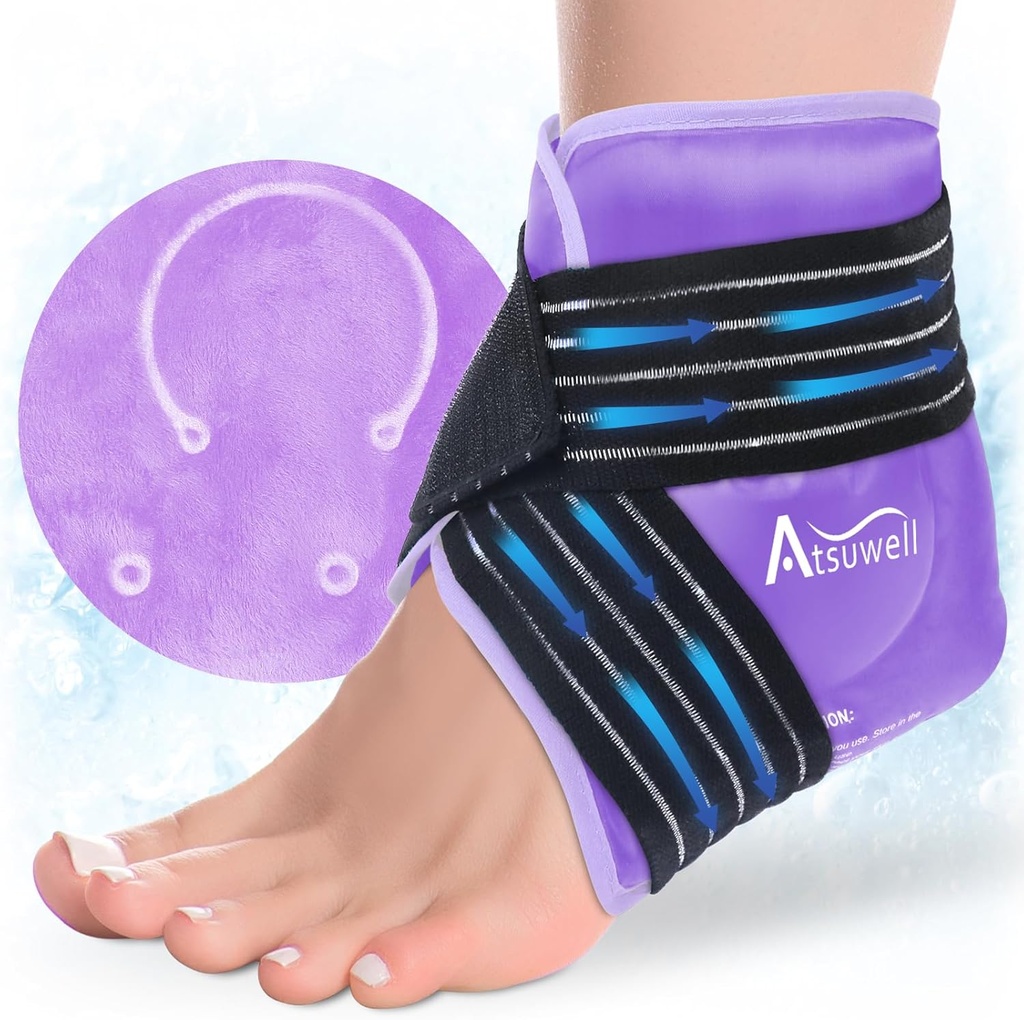 Atsuwell Ankle Ice Pack Wrap, Reusable Gel Ice Cold Packs for Ankle Foot Heel, Foot Ice Wrap with Soft Plush Lining, Cold Compress Therapy for Soothing Discomfort, Purple
