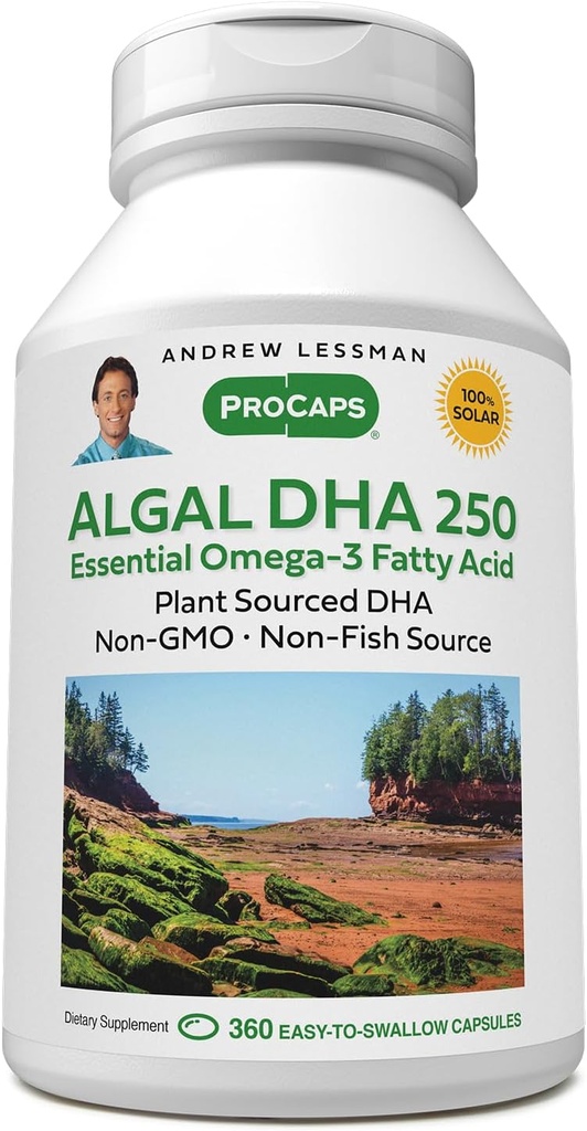 ANDREW LESSMAN Algal DHA 250mg 360 Softgels - Plant-Based Omega-3 Oliën, Natuurlijke Marine Algen, Hoge DHA, Non-GMO, Hoge Potentie, Geen Maag Upset, Geen Fishy Aftersmaak. Klein Makkelijk doorslikken