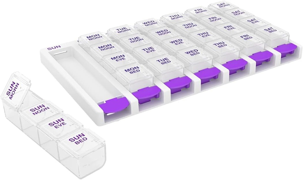 EZY DOSE Wekelijkse (7 dagen) 4 keer per dag Pushknop Pillen Organisator en Vitamine Planner, Verwijderbare Dagelijkse Pillboxen, Paarse, Duidelijke Lids, Klein
