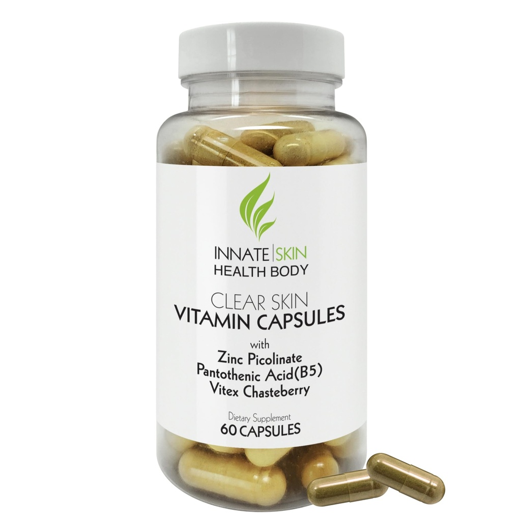 Clear Skin Acne Vitamins Capsules | Complexion Supplements with Pantothenic Acid B5, Zinc Picolinate, Vitex Chasteberry | 60 Count