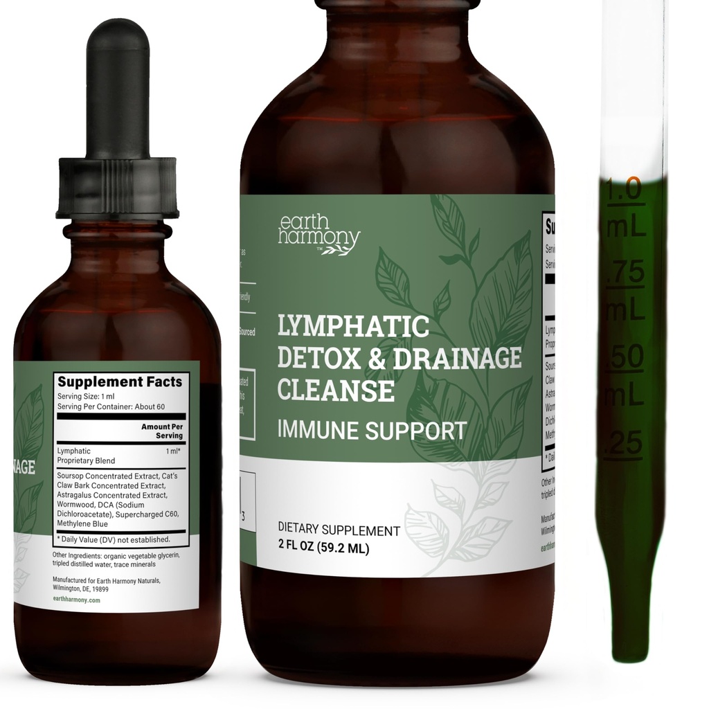 Earth Harmony Lymphatic Drainage Drops, Lymph Detox - Supplement met Soursop, Cat's Claw Bark, Astragalus, Wormwood, Lymph Node Detox, Lymphatische Ondersteuning Reiniging (2 Oz)