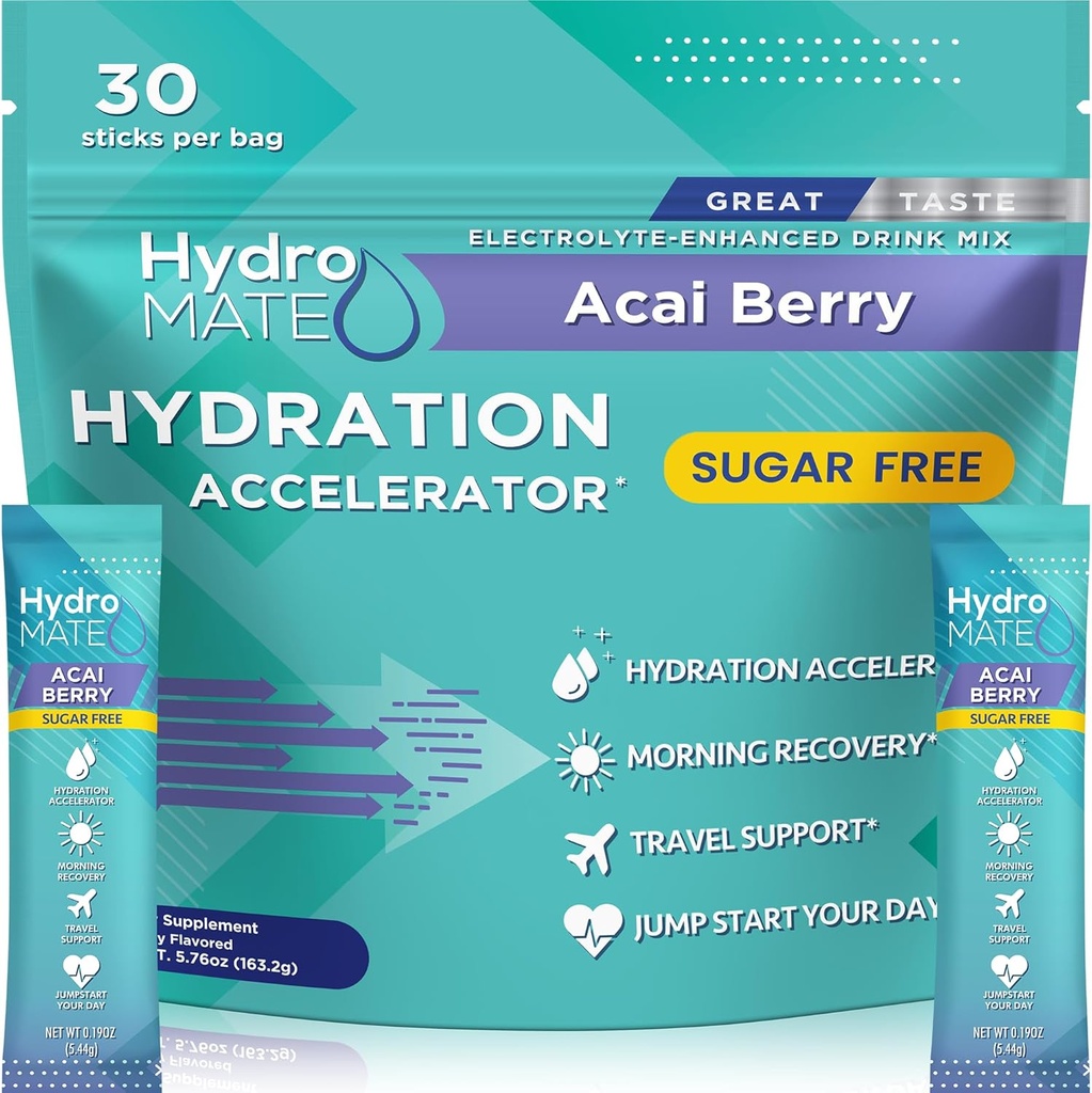 Elektrolytpoeder Suikervrije Hydratatie Pakjes Acai Berry HydroMATE 30 Sticks