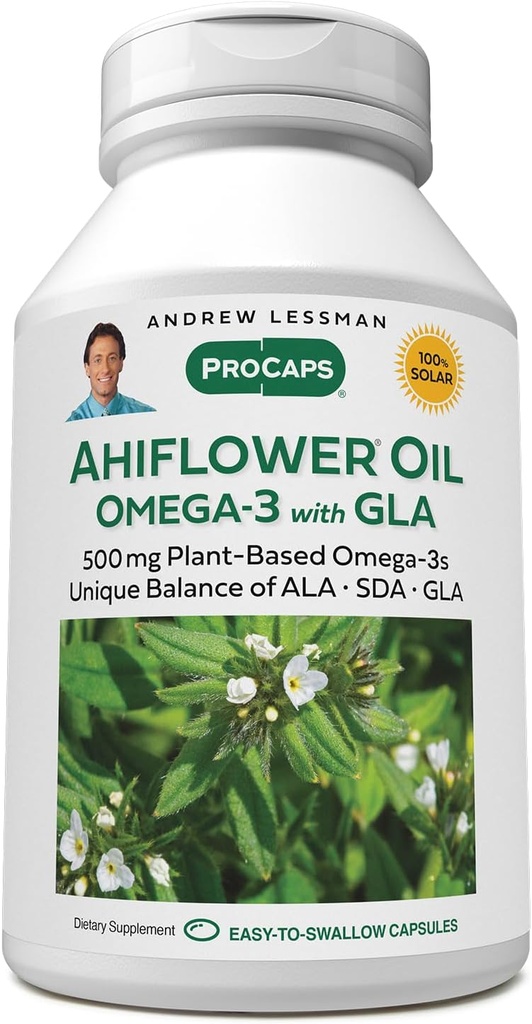 ANDREW LESSMAN Ahiflower Omega-3 met GLA - 120 Softgels - Uniek Balanced, Plant Based Bron van essentiële Omega-3 vetzuren. Geen maagklachten, verontreinigingen of kwik. Eenvoudig doorslikken
