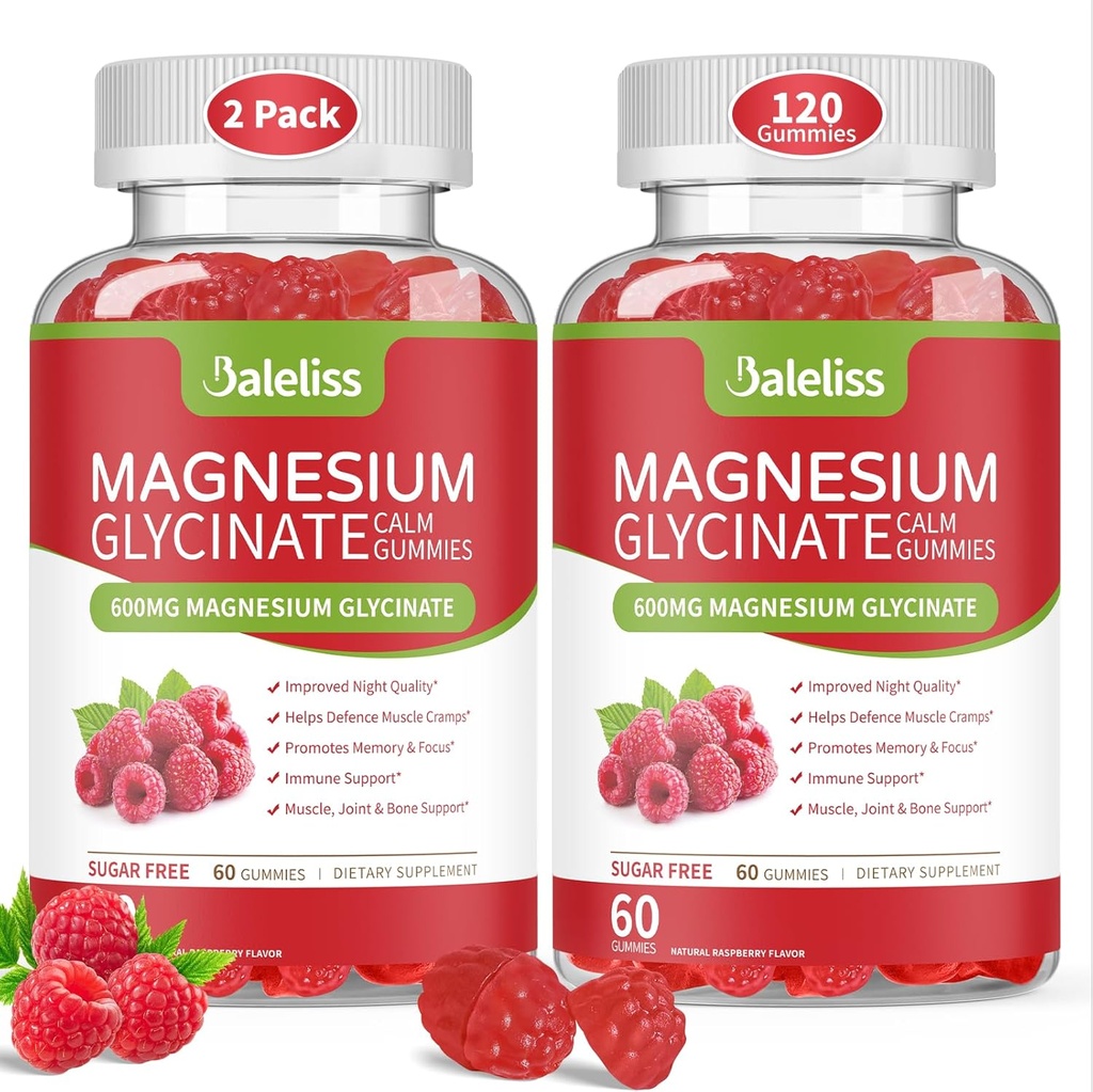 Magnesium Glycinate Gummies 600mg, Suikervrije Kauwbare Magnesium Glycinate met vitamine D, B6, en CoQ10 Ondersteuning Slaap, Ontspanning, Stress Relief, en Kalm Mood voor volwassenen 120 Gummies (2 Pack)