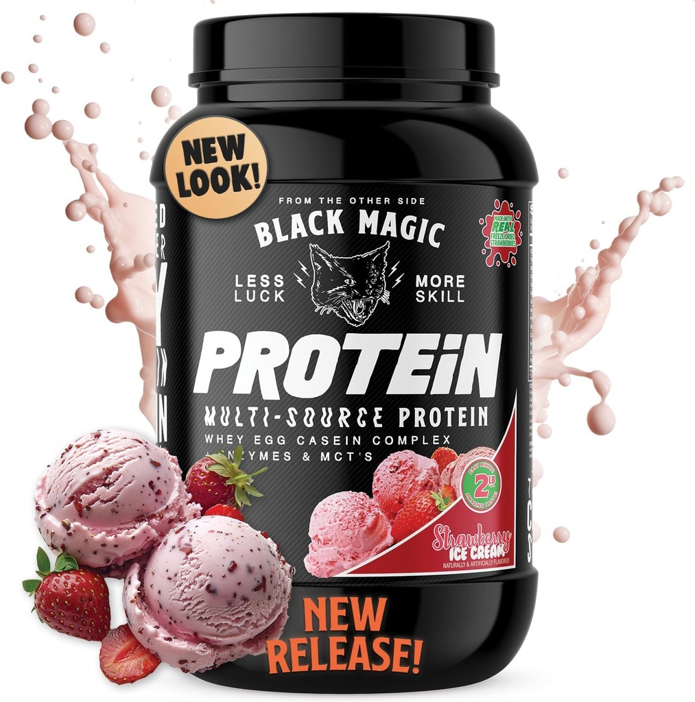 Black Magic Protein Powder - New Look - Whey, Egg, and Casein Complex with Enzymes & MCT Powder - Pre Workout and Post Workout - Strawberry Ice Cream Protein Powder - 24g Protein - 2 LB...