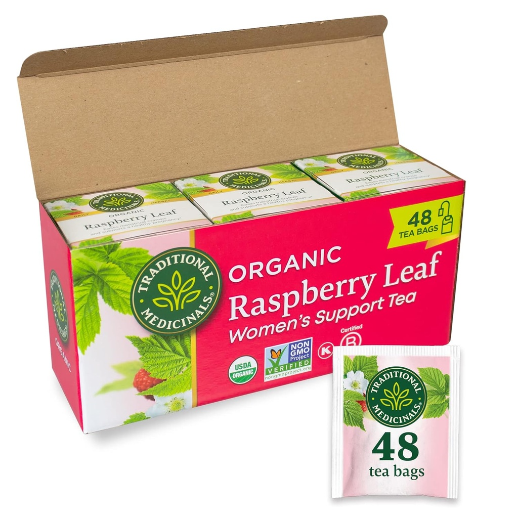 Traditionele Medicijnen Thee, Biologische Raspberry Leaf, Eases Menstruele Kraampjes, Ondersteunt een gezonde zwangerschap, 48 theezakjes (3 Pack)
