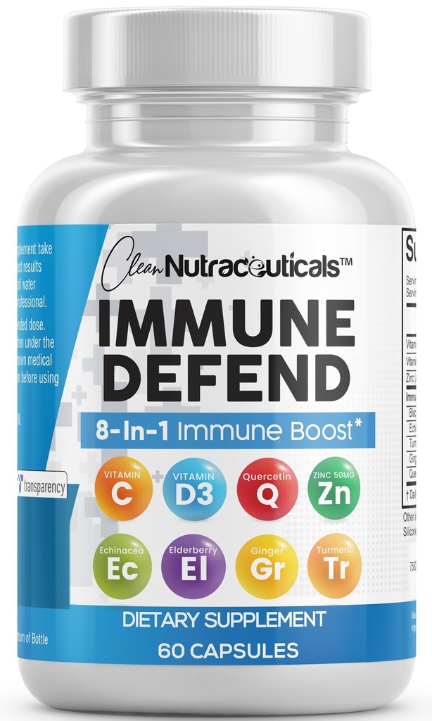 Clean Nutraceuticals Immune Defense Support Supplement 8 in 1 met zink 50mg Quercetin, VIT C 1000mg, Vitamine D3 5000 IE, Vlierbes, Gember - Immunity System Booster voor volwassenen, Vegan - 60 Tel.