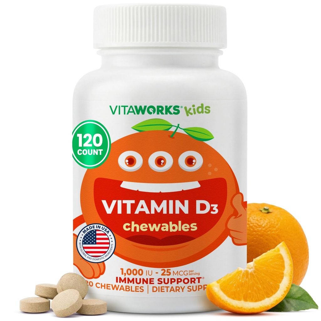 Kids Vitamine D 1000 IE Kauwtabletten - Smaakvolle natuurlijke sinaasappelsmaak - Veganistisch, GGO-vrij, Glutenvrij, Nootvrije Vitaminen - Dieetsupplement voor Immune Ondersteuning - voor kinderen - 120 Kauwtabletten