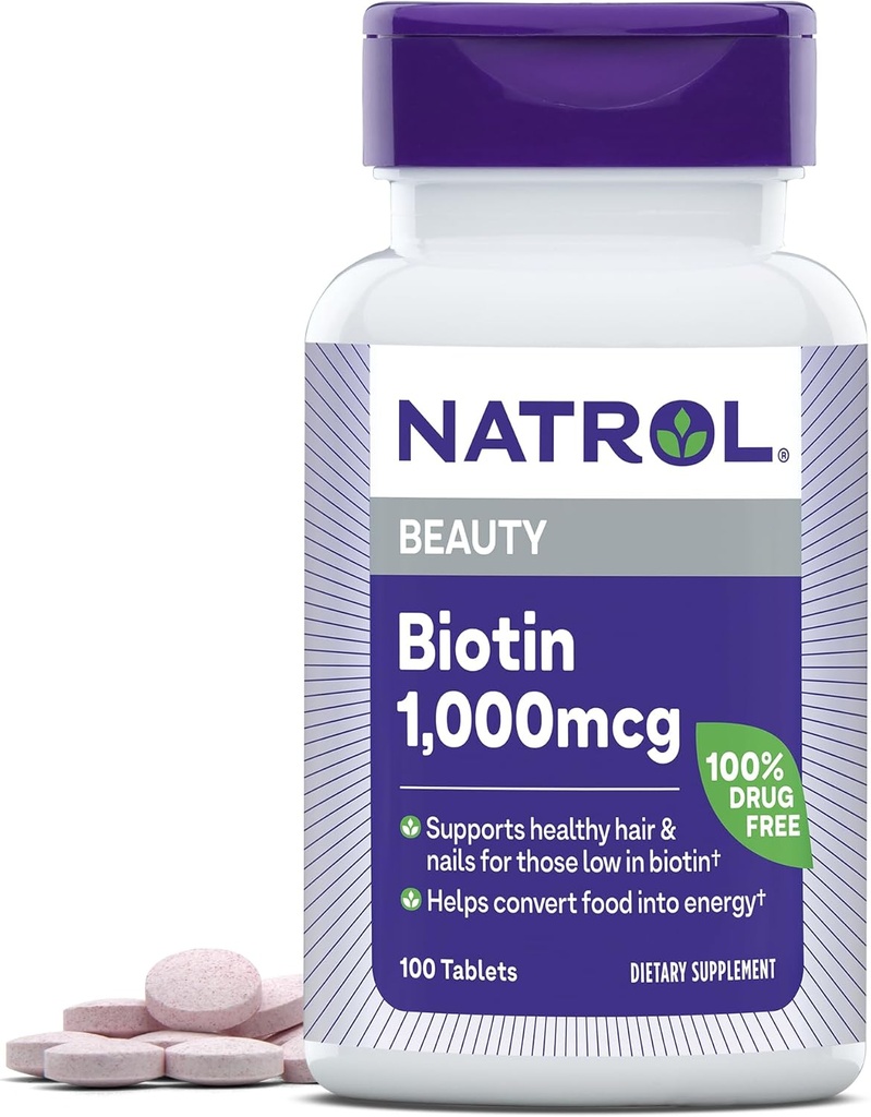 Natrol Beauty Biotin 1000mcg, Dieetsupplement voor gezond haar, huid, nagels en energie Metabolisme, 100 tabletten, 100 dagen levering (verpakking van 12)