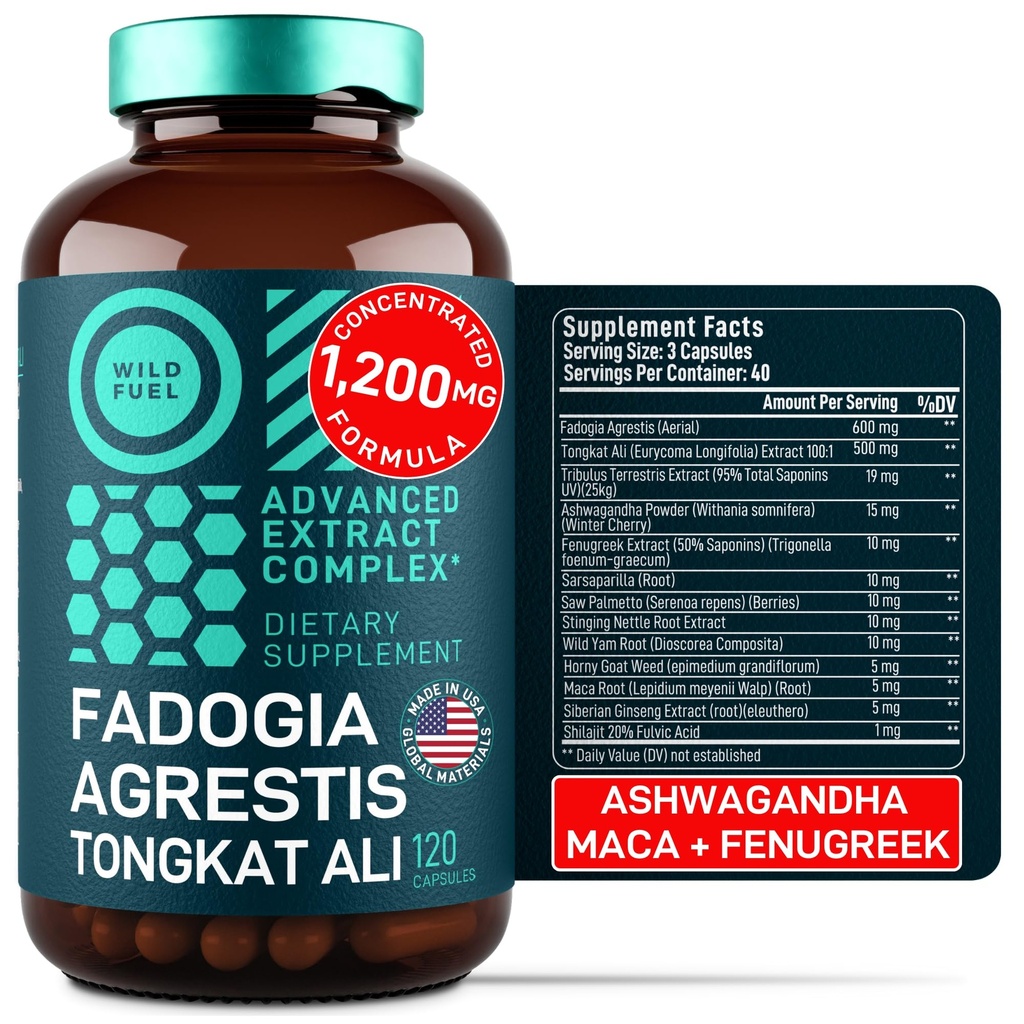 Fadogia Agrestis en Tongkat Ali Supplement - 600mg Fadogia Agrestis voor mannen, 500mg Longjack Tongkat Ali, Ashwagandha Maca Fenegriek Complex - Spierkracht, Energie, Mood Ondersteuning - 120 Capsules