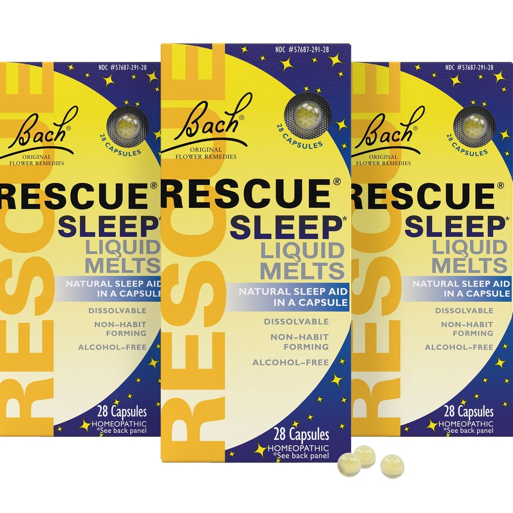 RESCUE Bach Slaap vloeibare Melts, Natuurlijke Oranje Vanille Smaak, Natuurlijke Slaaphulp, Stress Verlichting, Homeopathische Bloem Essentie, Vrij van Melatonine, Niet-Alcohol, 3 Pack, 28 Tellen Elk