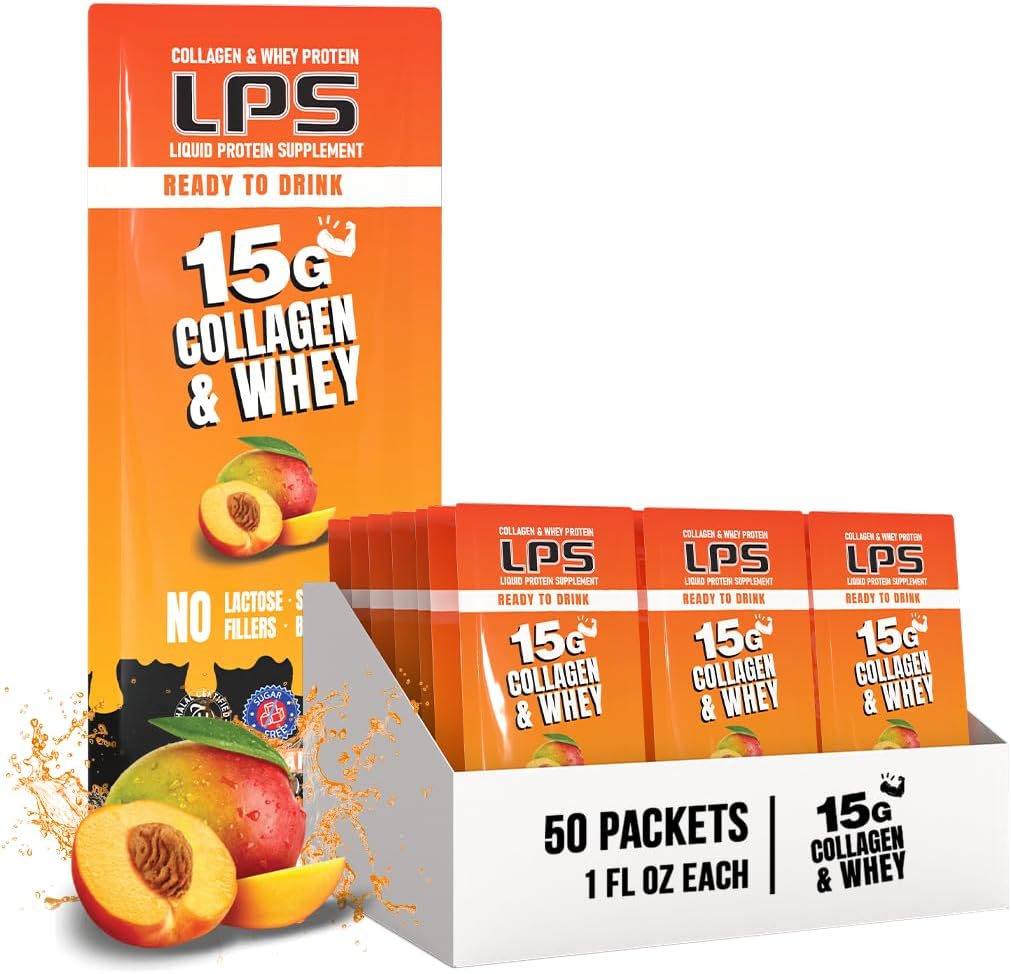 Voedingsdesigns LPS Liquid Collagen & Wei Protein Supplement - Non-GMO Drink, Sugar-Free - bevordert gezonde huid en haar voor mannen en vrouwen, Peach Mango, Single Serve (50 Packets)