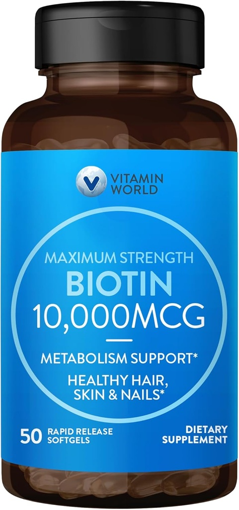 Vitamine World Ultra Mega Biotin 10.000 mcg. 50 Softgels, vitamine B, ondersteunt gezond haar, huid en nagels, snelle afgifte, Glutenvrij