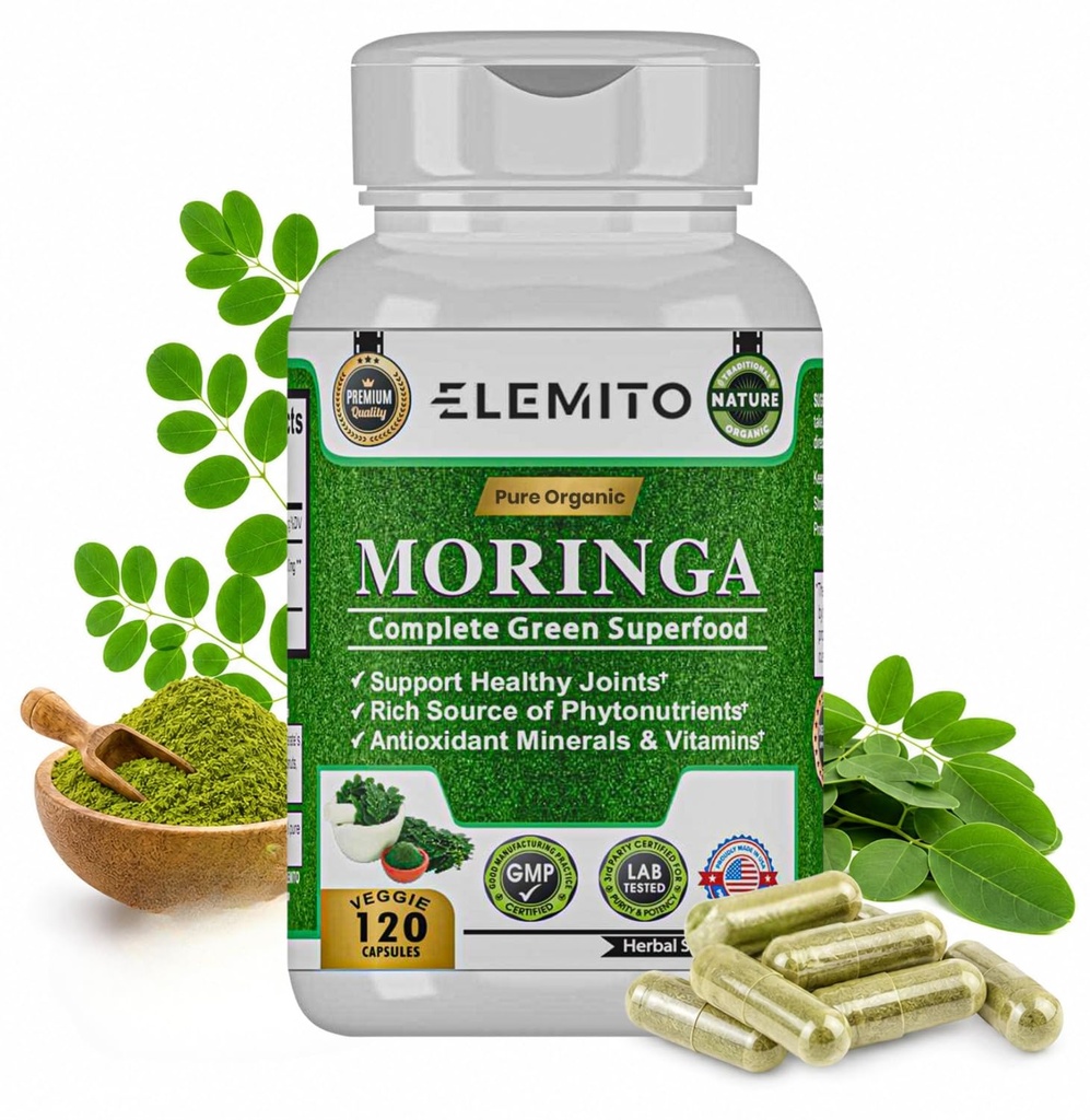 Moringa Capsules, Pure Leaf Powder, Green Superfood, Energy, Metabolisme, & Immune Support, Non-GMO, Vegan, Glutenvrij - 120 capsules