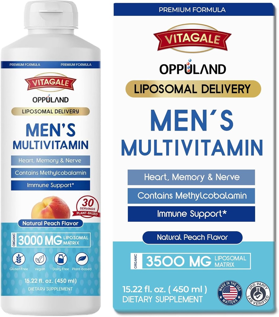 Multivitamine mannen - Liquid Supplement - Liposomale Levering - Dagelijkse Multi Vitamine met Biotine B Complex Omega-3 - Hair & Nail Ondersteuning Vitamine - Perzik smaak - 3000 mg per portie - 450 ml