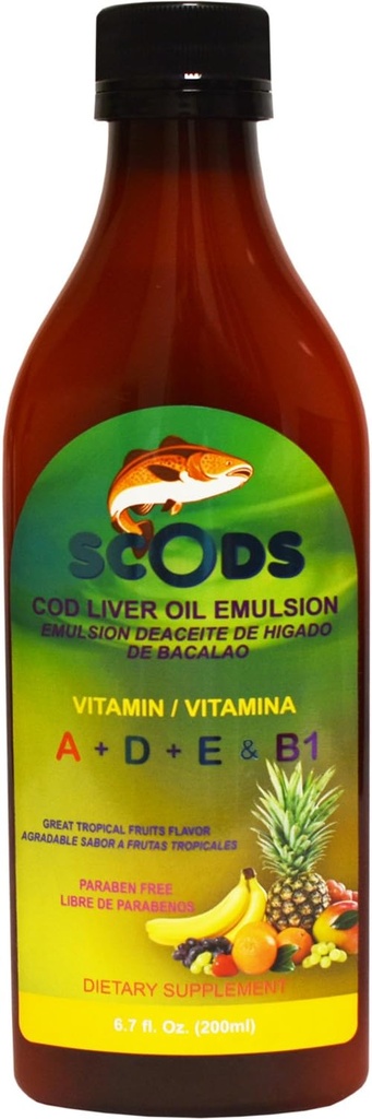 Emulsion de Scods Frutas Tropicales Kabeljauw Leverolie Emulsie Tropische vruchten 200ml Vitamine A + D + E & B1