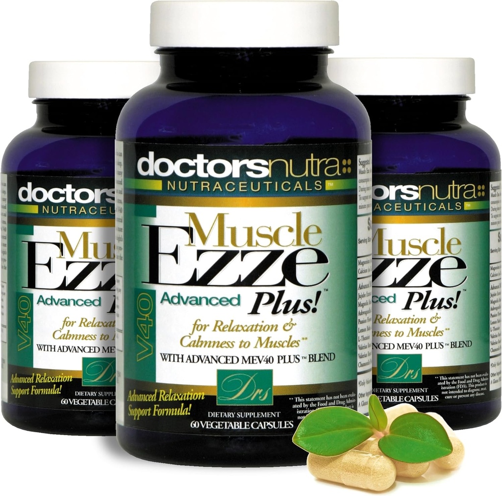 Verpakking van 3 Natural Relaxant Muscle Ezze Plus Advanced Day-Time Night-Time 24-7 Maximale sterkte Capsules.
