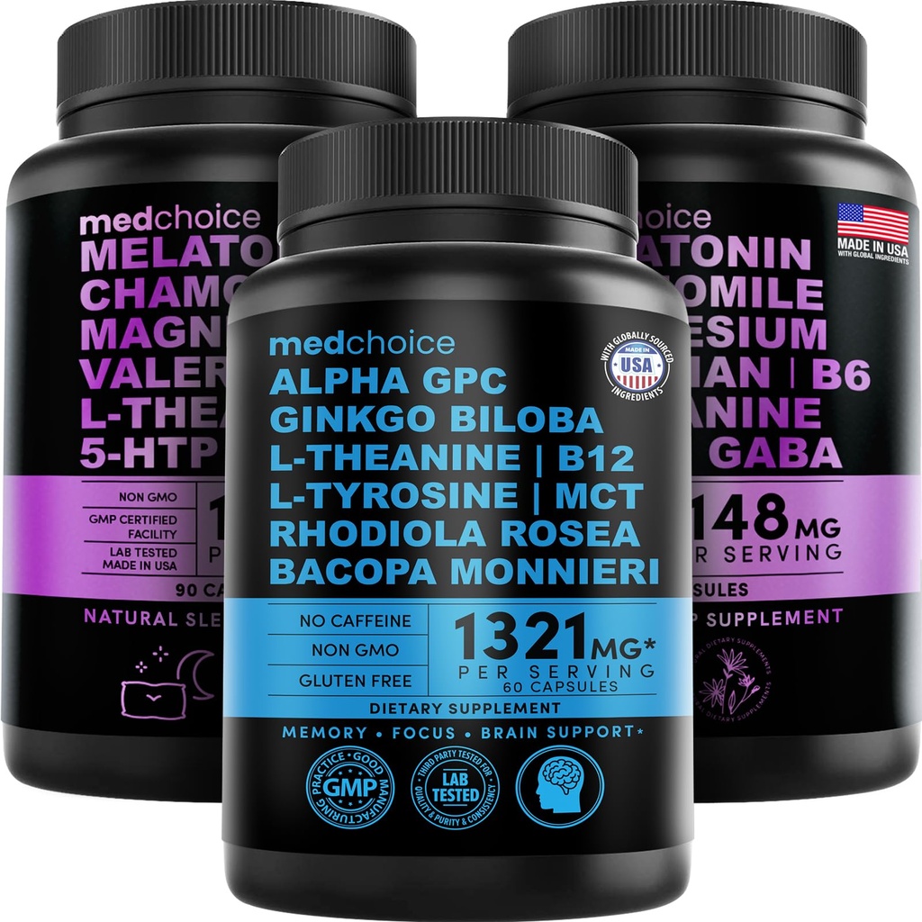 MEDCHOICE Sleep Melatonine (180ct) en Nootropic Brain (60ct) Supplement Bundle - Wellness Duo voor Slaap, Hersenen, Focus, & Mood Support - Veganistisch, Niet-GMO, Glutenvrij