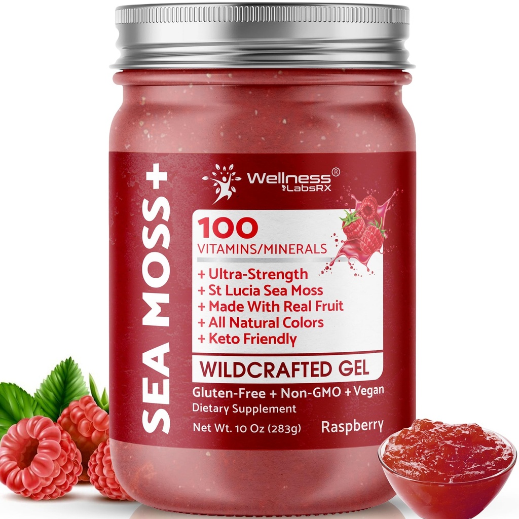 WELLNESS LABSRX Irish Sea Moss Gel Raw - Wildcrafted Superfood Seamoss Gel - Raspberry Smaak, Vitamine en Mineraal-Rijk van Pristine Caribbean Waters, Immune en Digestive Health Ondersteuning - 10 oz.