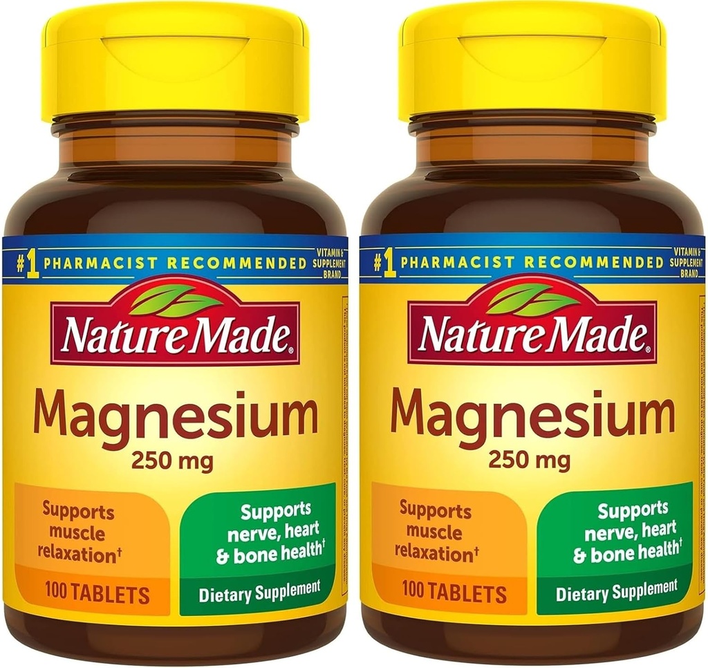 Nature Made Magnesium Oxide 250 mg, Dieetsupplement voor spier-, hart-, bot- en zenuwgezondheidsondersteuning, 100 tabletten, 100 dagen levering (verpakking van 2)