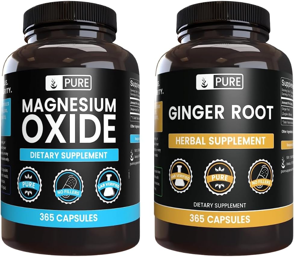 Pure originele ingrediënten Magnesiumoxide en gemberwortelbundel, 365 capsules Elke, geen fillers, altijd zuiver