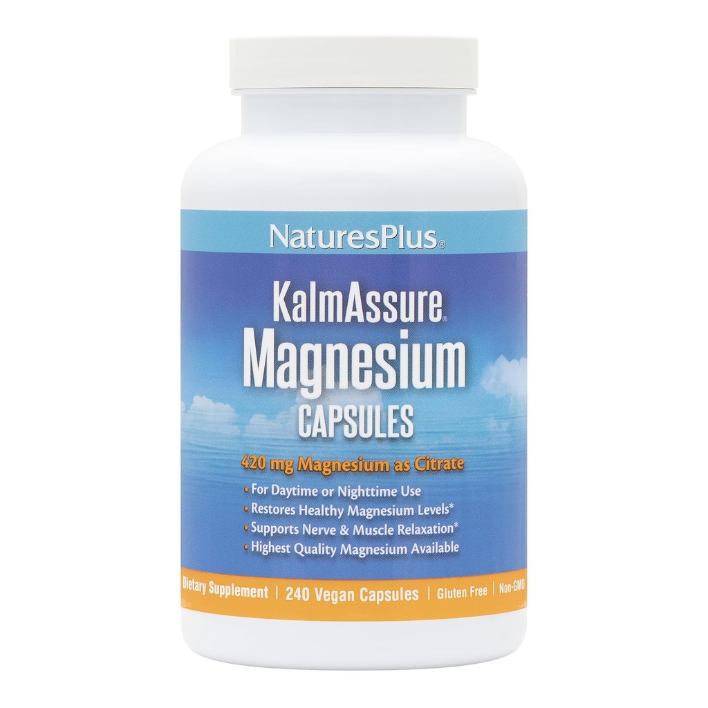 Natures Plus KalmAssure Magnesium - 240 Vegan Capsules - Zeer Bio available Magnesium Citrate - Ondersteunt nerve & Muscle Relaxation - 60 Servings