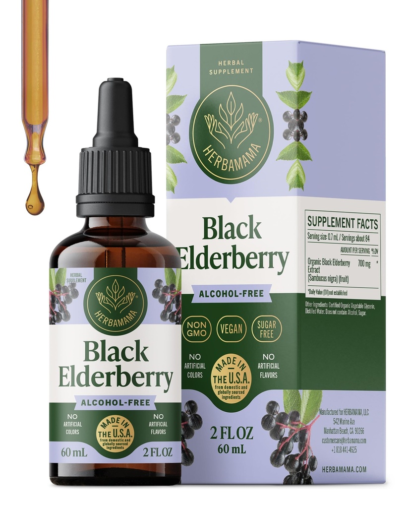 HERBAMAMA Zwarte vlierbessendruppels - Vegan Vlierbessen Liquid Extract voor Immune Support - Non-GMO, Alcohol & Sugar-Free Immunity Supplement, 21-Day Supply