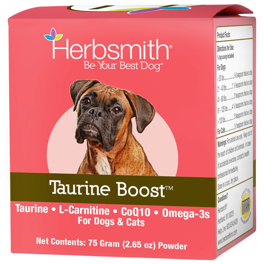 Herbsmith Taurine Boost - Hart- en hartondersteuning voor honden en katten - Taurine Supplement voor hond en kat hart gezondheid met CoQ10, Taurine en L-Carnitine voor honden - 75g