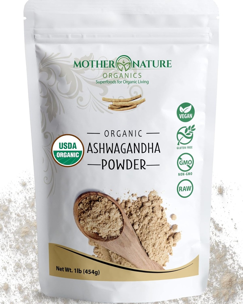 USDA Organic Certified Ashwagandha Powder, 100% Pure, Raw, Powerful Adaptogen Herb Supplement - Non-GMO, Vegan, Gluten-Free (1lb Bag)