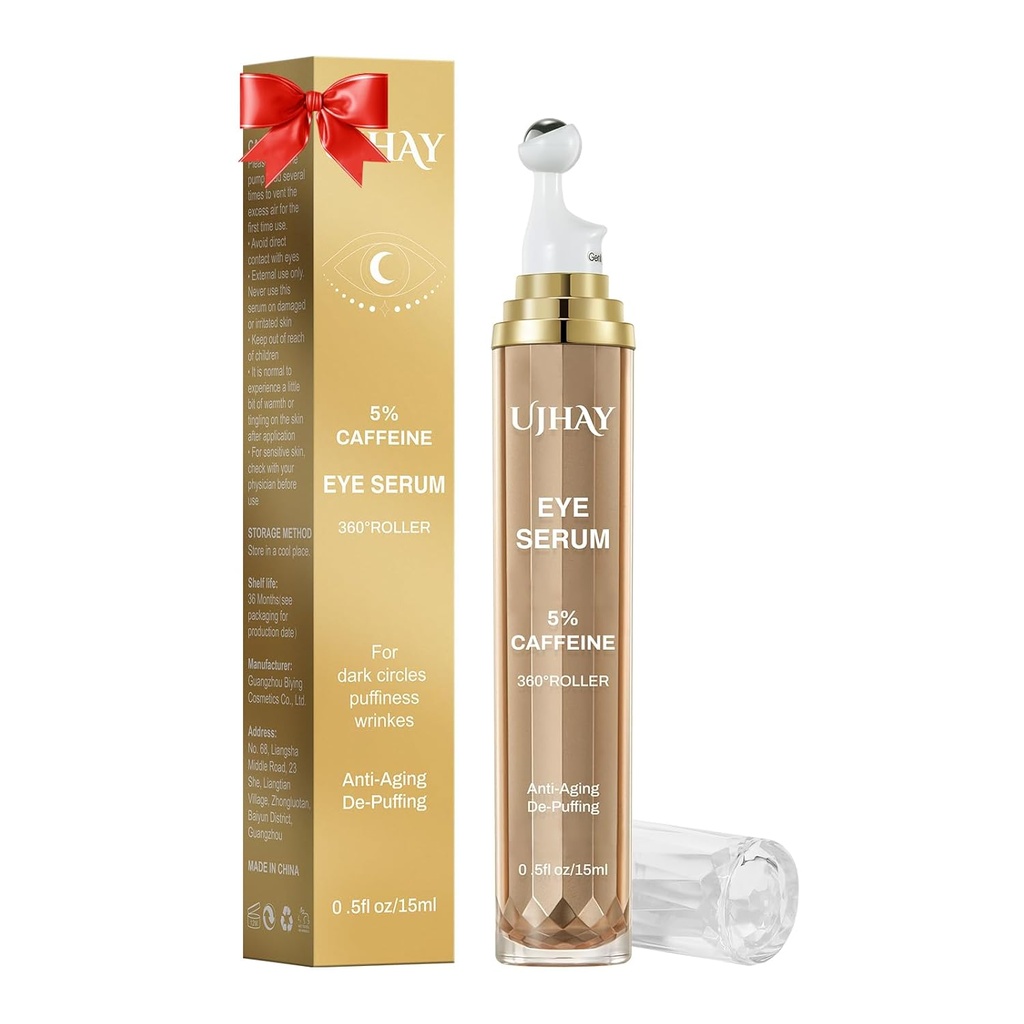 5% Caffeine Eye Cream, Under Eye Serum for Dark Circles, Puffiness & Wrinkles Fine Lines, Eye Roller Serum with 360° Massage Ball, Eye Treatment Balm for Men & Women