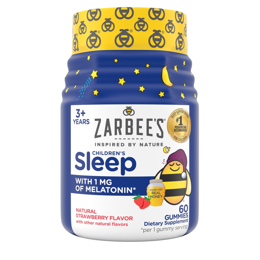 Zarbee's Kids Melatonine Gummies met 1mg Melatonine, Kids Sleep Gummy, Promoot vreedzame slaap, Drug-vrij, Niet-Habit-vormende, Natuurlijke Aardbei, 60 ct