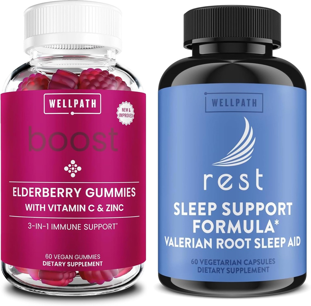 WellPath Elderberry Gummies with Zinc + Rest Valerian Root Sleep Aid for Adults with Melatonin & L-Theanine, 60 Ct Each