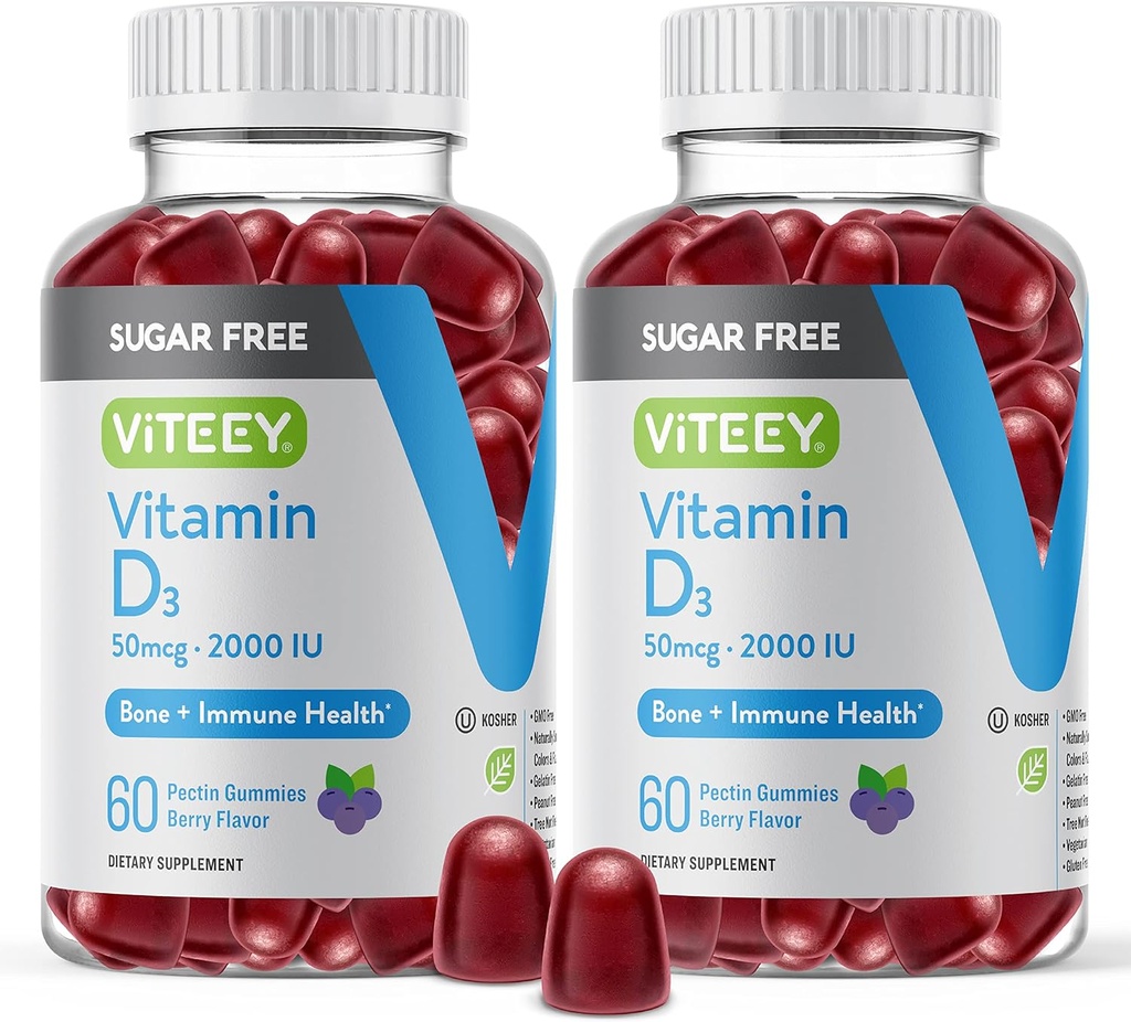 Viteey Vitamine D3 Gummies for Adults & Teens - 2.000 IE, 50 mcg - Sugar Free, Bone, Joint & Muscle Health, Immune Boost - Vegetarisch, Gelatine Free, GGO Free - Smakelijke Kauwbare Berry Flavored Gummy
