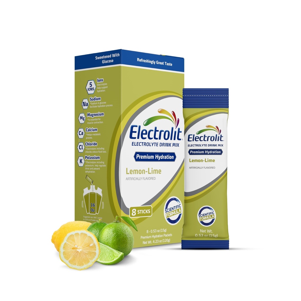 Electrolit Electrolytes Powder Packets, Lemon Lime 8 Pack, Powdered Hydration Packets for Dehydratation & Rehydratation, Post Workout Flavored Hydrating Drink Mix, Gluten gratis dagelijkse waterverbeteraar Sticks