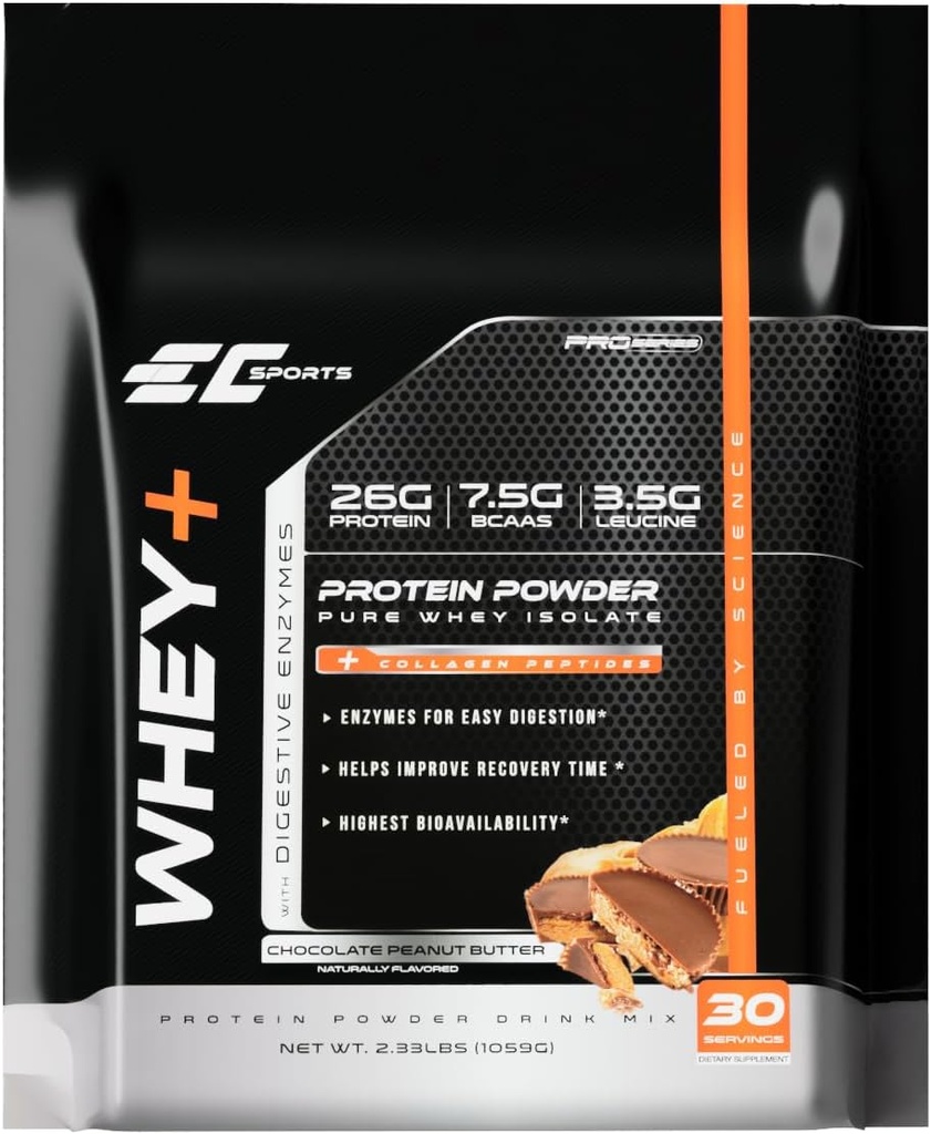 EC Sports Whey+ Proteïne Poeder, Chocolade Pindakaas Mix met/Digestieve enzymen - Isolaat Supplement, Collageen Peptiden met/Zwift Reform - 30 porties