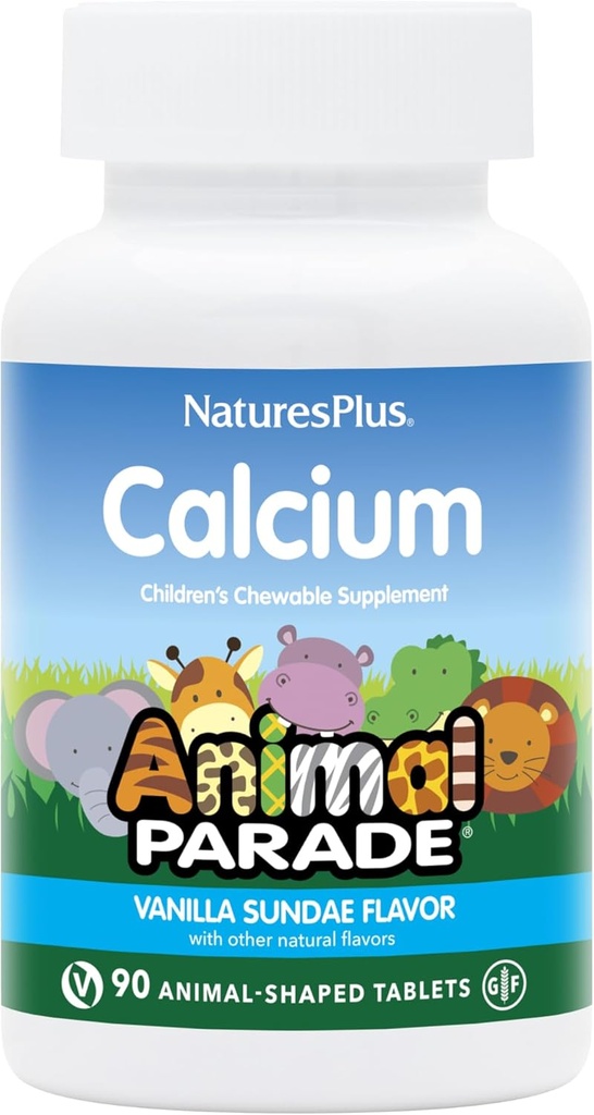 NaturesPlus Animal Parade Calcium, Vanille Sundae smaak - 90 Animal-Shaped Kauwtabletten - Pack of 2 - Promoot gezonde botten - Veganistisch, Glutenvrij - 180 Totaal porties
